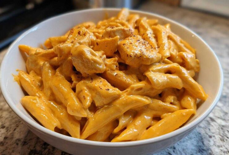 A close-up of a white bowl filled with Cheesy Chicken Queso Pasta, featuring penne pasta coated in a vibrant orange, creamy sauce with chunks of seasoned chicken.