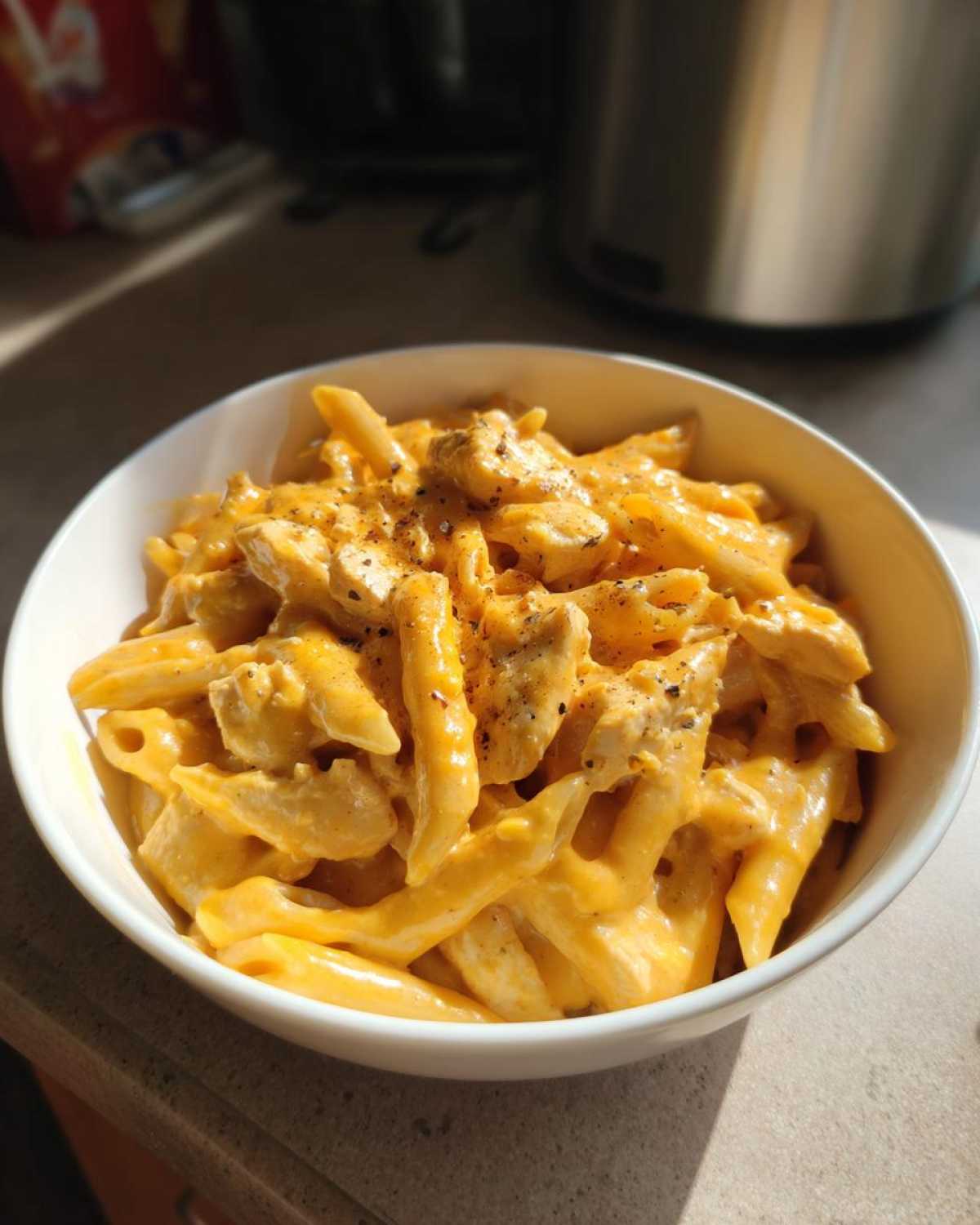 A close-up of a white bowl filled with Cheesy Chicken Queso Pasta, coated in rich orange sauce and topped with black pepper.