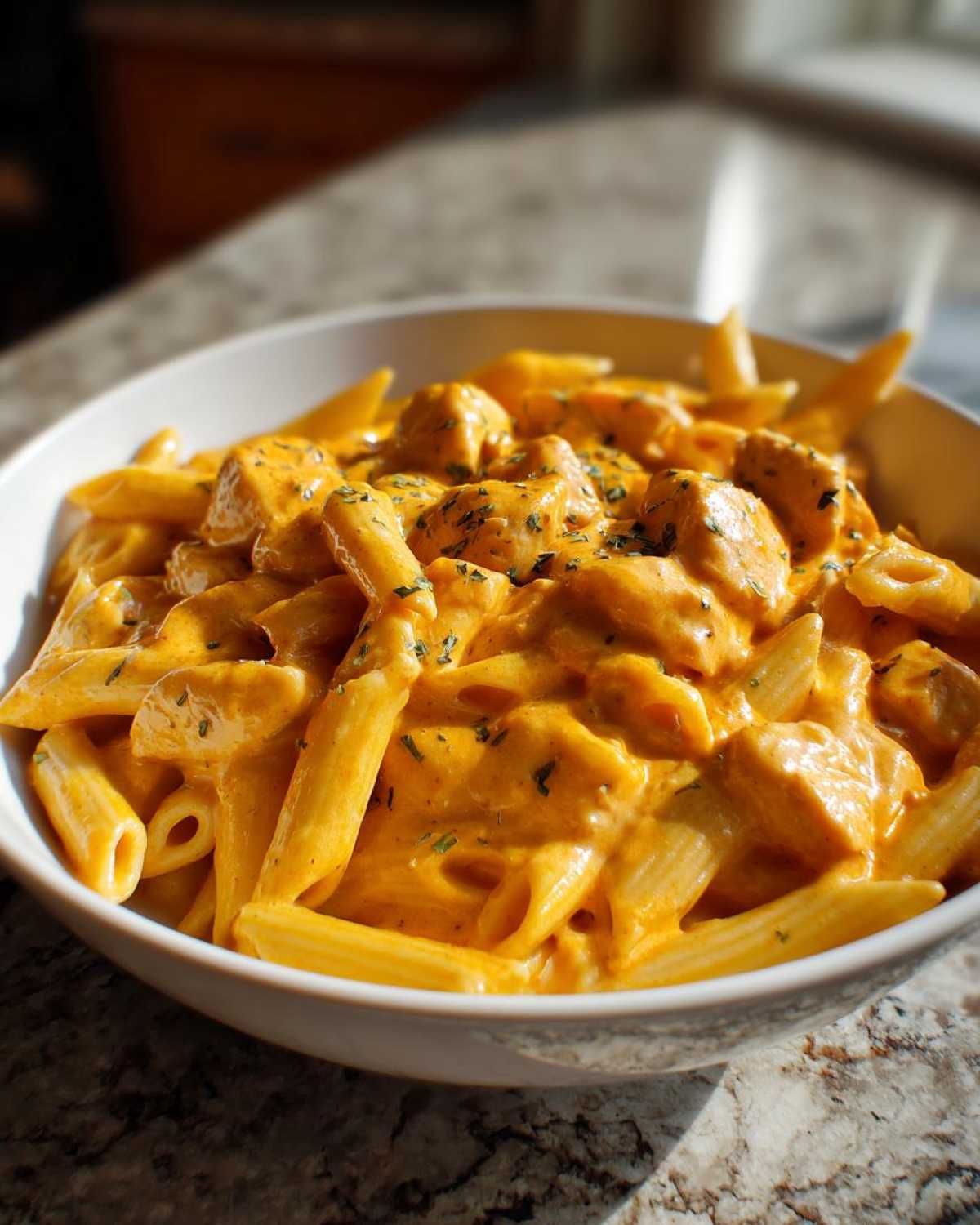 Close-up of a bowl filled with Cheesy Chicken Queso Pasta, featuring penne pasta and chunks of chicken coated in a rich, orange queso sauce.