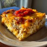 A close-up slice of Cheesy Chicken Tortilla Bake, showing shredded chicken, melted cheese, and a dollop of salsa on top.
