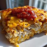 Close-up of a serving of Cheesy Chicken Tortilla Bake showing shredded chicken, melted cheddar cheese, and a dollop of salsa.