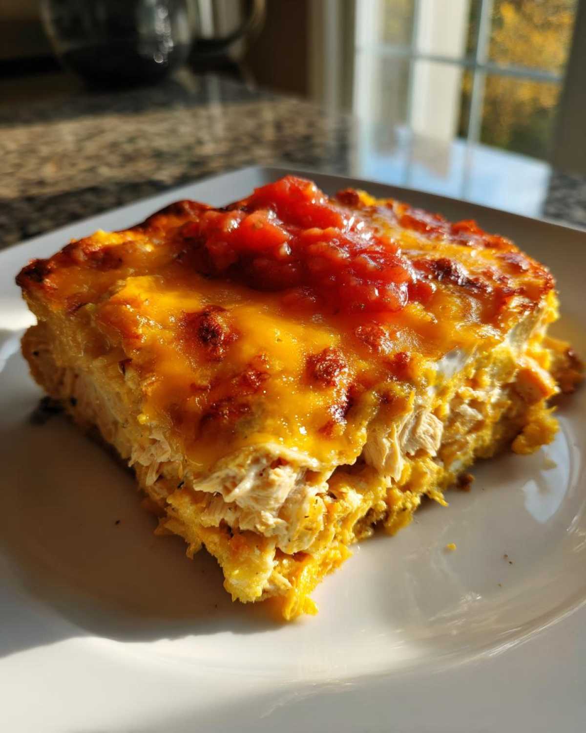 A square serving of Cheesy Chicken Tortilla Bake, showing shredded chicken layers topped with melted cheese and salsa.