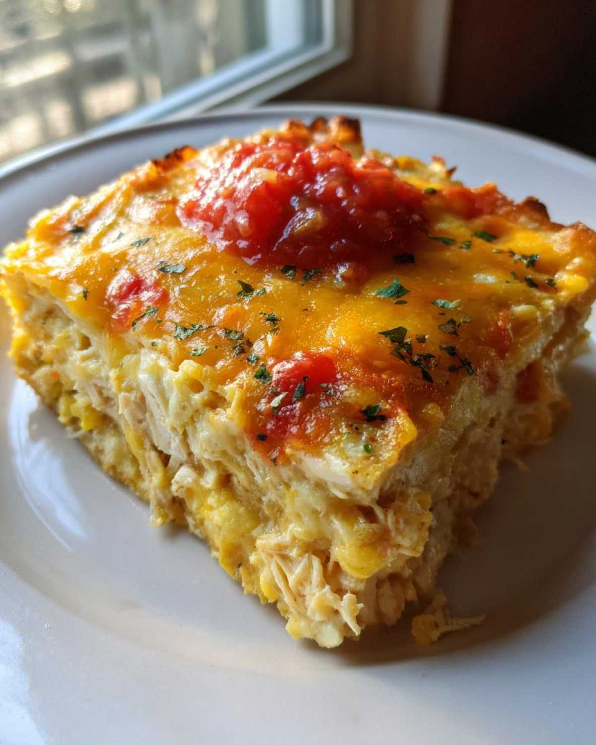 A square slice of Cheesy Chicken Tortilla Bake topped with melted cheddar and salsa on a white plate.