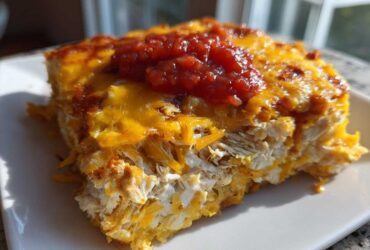Close-up of a serving of Cheesy Chicken Tortilla Bake showing shredded chicken, melted cheddar cheese, and a dollop of salsa.
