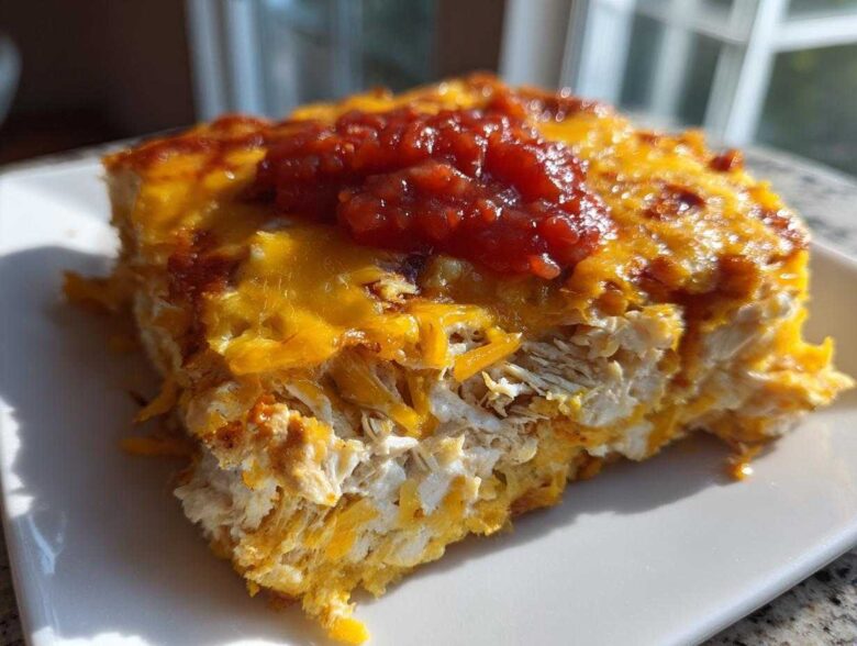 Close-up of a serving of Cheesy Chicken Tortilla Bake showing shredded chicken, melted cheddar cheese, and a dollop of salsa.