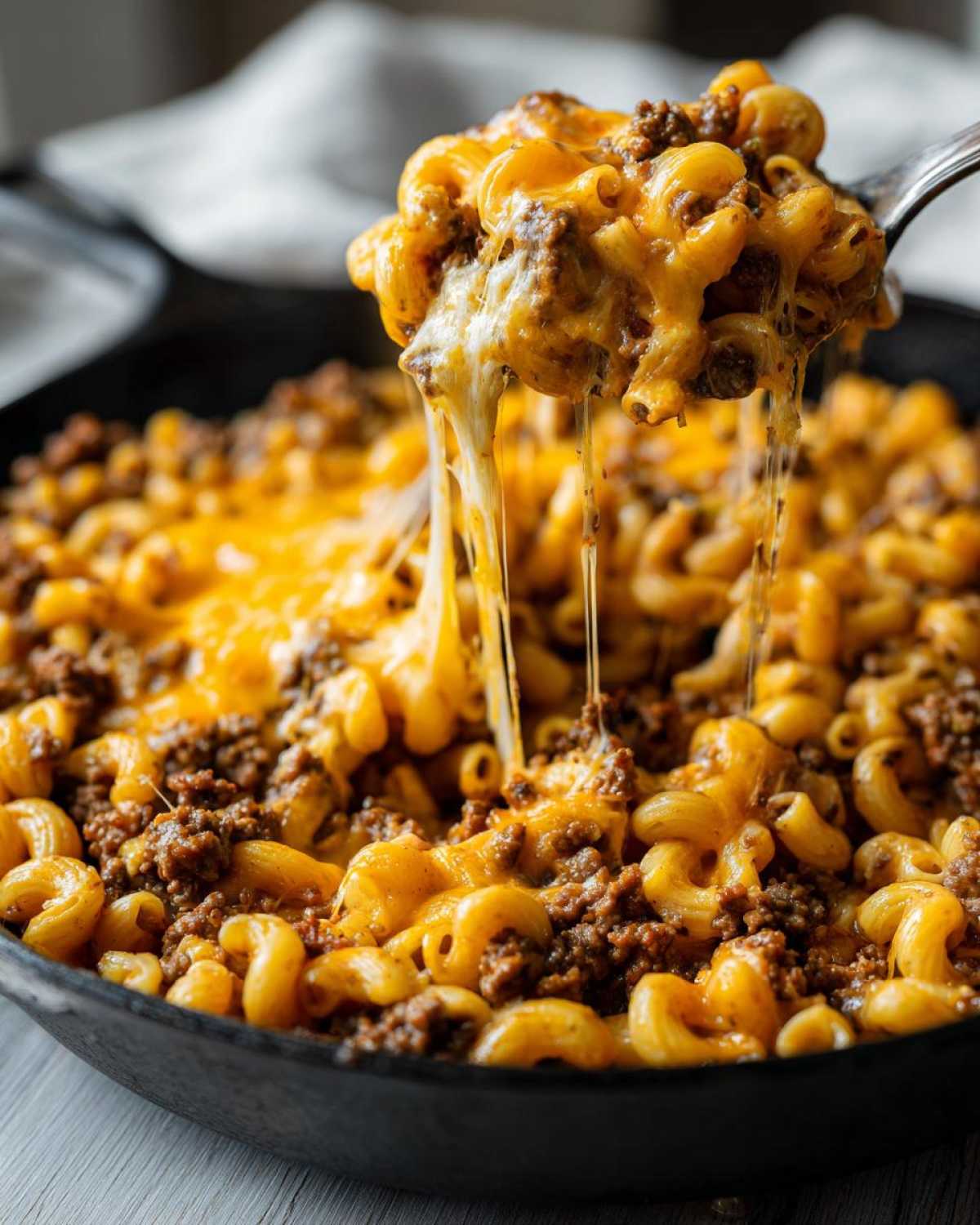 A spoonful of Cheesy Ground Beef Pasta Skillet showing a dramatic cheese pull over the skillet of pasta and ground beef.