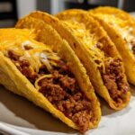 Four hard-shell tacos filled with seasoned ground beef and topped with melted shredded cheese, showcasing the Cheesy Ground Beef Tacos with Creamy Filling.