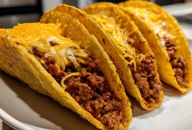 Four hard-shell tacos filled with seasoned ground beef and topped with melted shredded cheese, showcasing the Cheesy Ground Beef Tacos with Creamy Filling.