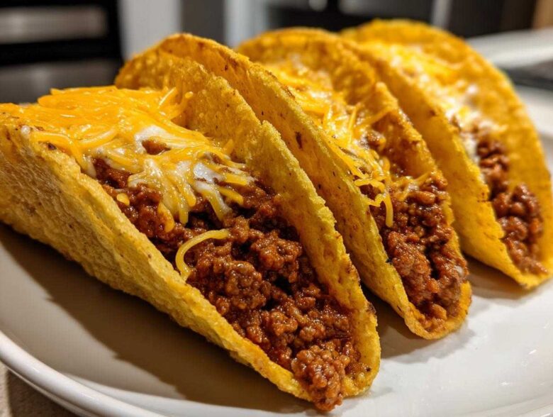 Four hard-shell tacos filled with seasoned ground beef and topped with melted shredded cheese, showcasing the Cheesy Ground Beef Tacos with Creamy Filling.
