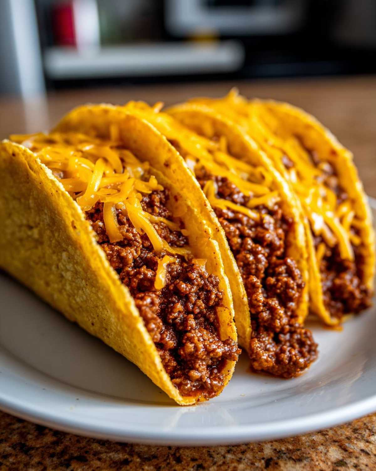 Four crispy hard-shell tacos filled with seasoned ground beef and topped with shredded cheese, showcasing Cheesy Ground Beef Tacos.
