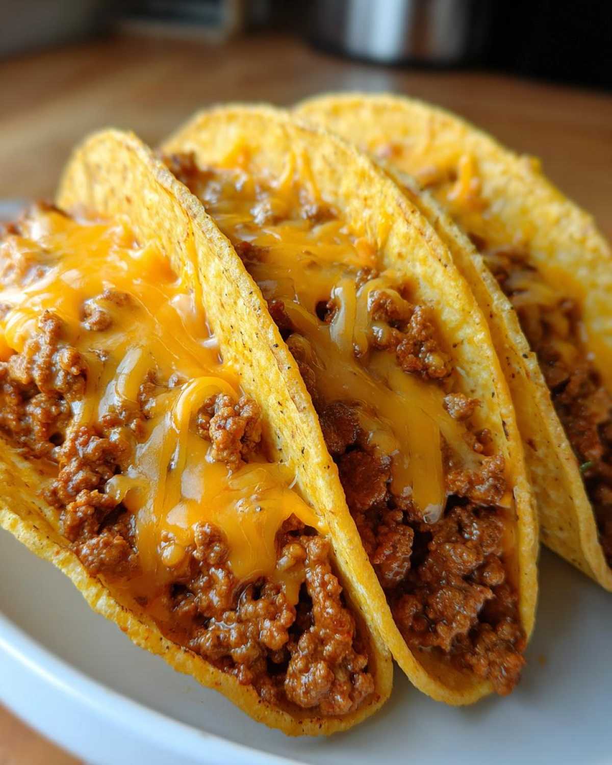 Three hard-shell tacos filled with seasoned ground beef and melted cheddar cheese, showcasing the Cheesy Ground Beef Tacos.