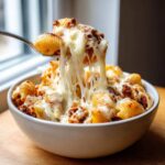 A spoonful of Cheesy Pasta Shells with Creamy Beef Sauce showing extreme cheese pull from the bowl.