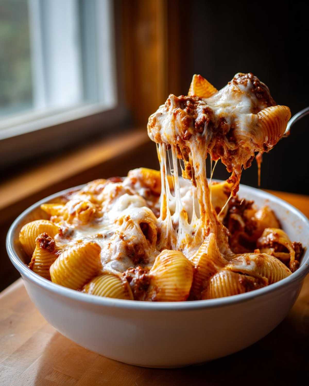 A spoonful of Cheesy Pasta Shells with Creamy Beef Sauce showing a dramatic, long cheese pull.