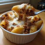 A fork lifts a spoonful of Cheesy Pasta Shells with Creamy Beef Sauce, showing long, gooey cheese pulls.
