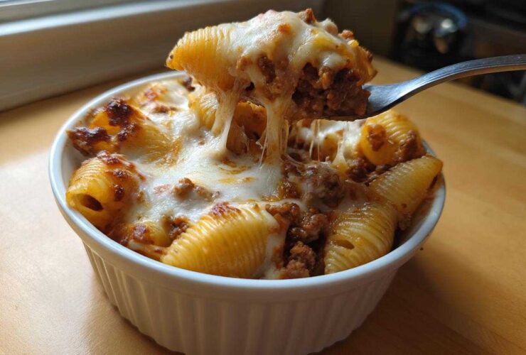 A fork lifts a spoonful of Cheesy Pasta Shells with Creamy Beef Sauce, showing long, gooey cheese pulls.