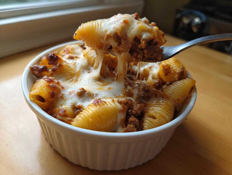 A fork lifts a spoonful of Cheesy Pasta Shells with Creamy Beef Sauce, showing long, gooey cheese pulls.