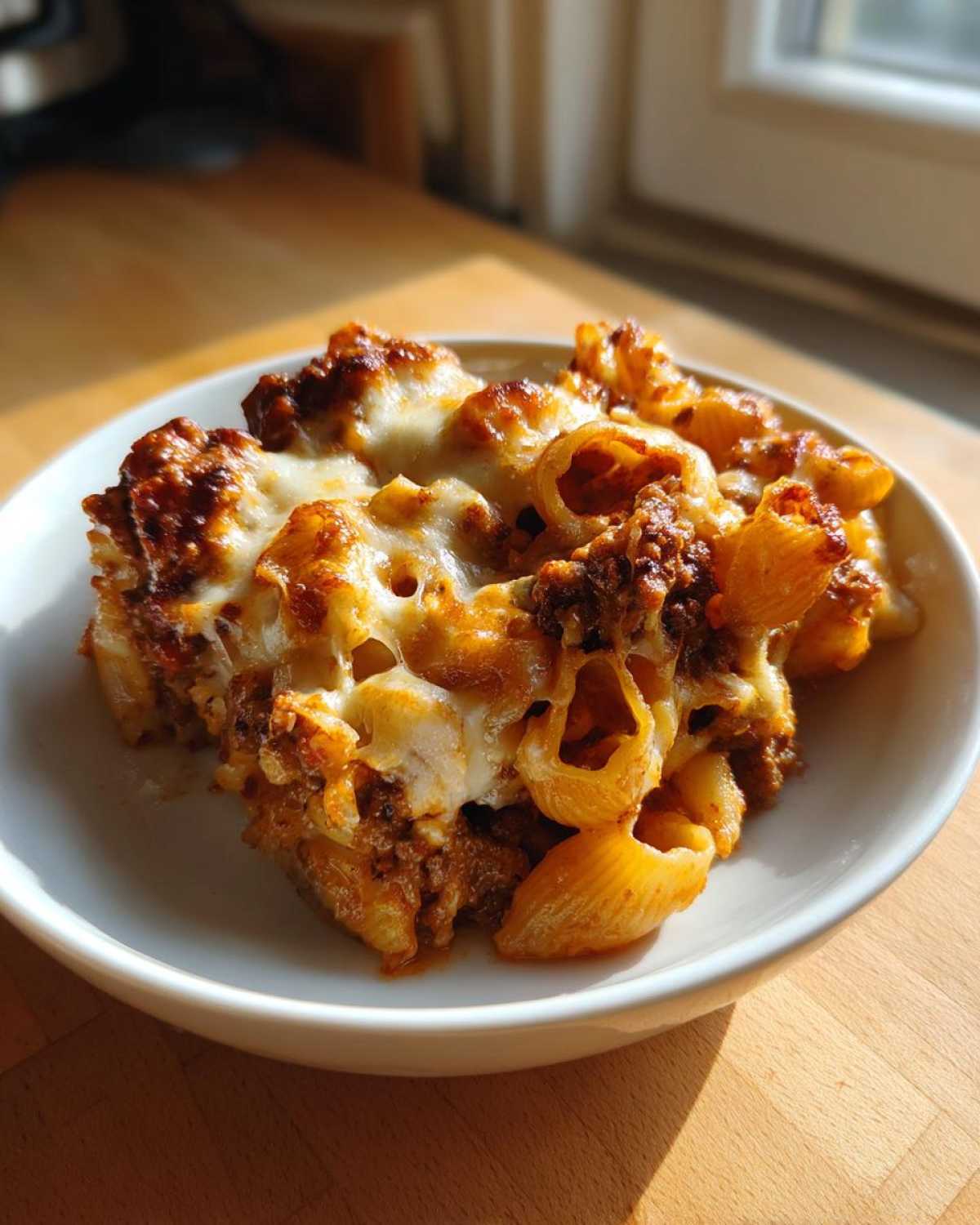 A close-up serving of Cheesy Pasta Shells with Creamy Beef Sauce, baked until golden brown and topped with melted, bubbly cheese.