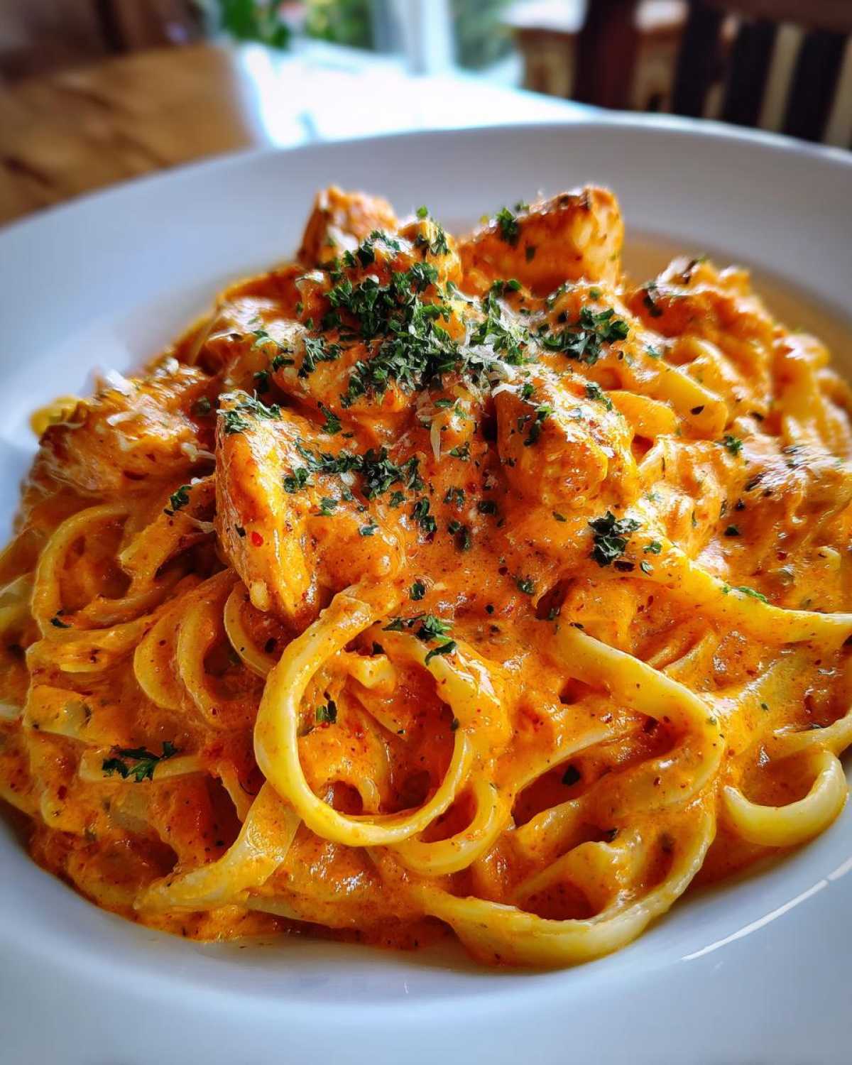 A close-up shot of Creamy Cajun Chicken Pasta featuring fettuccine noodles coated in a rich orange sauce with chunks of chicken, garnished with parsley.