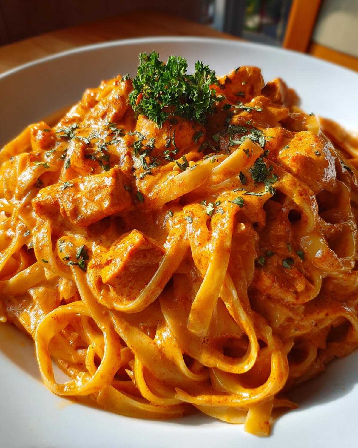 A close-up of rich, orange-hued Creamy Cajun Chicken Pasta featuring fettuccine noodles and chunks of chicken, garnished with fresh parsley.