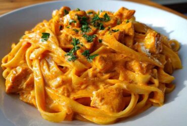 A close-up of a generous serving of Creamy Cajun Chicken Pasta featuring fettuccine noodles coated in a rich, orange-hued sauce with chunks of chicken, garnished with parsley.