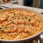 Close-up of a skillet filled with Creamy Cajun Shrimp and Rice, topped with fresh parsley.