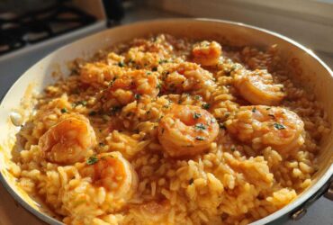 Close-up of a skillet filled with rich, creamy Cajun shrimp and rice, garnished with parsley.