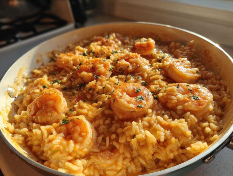Close-up of a skillet filled with rich, creamy Cajun shrimp and rice, garnished with parsley.