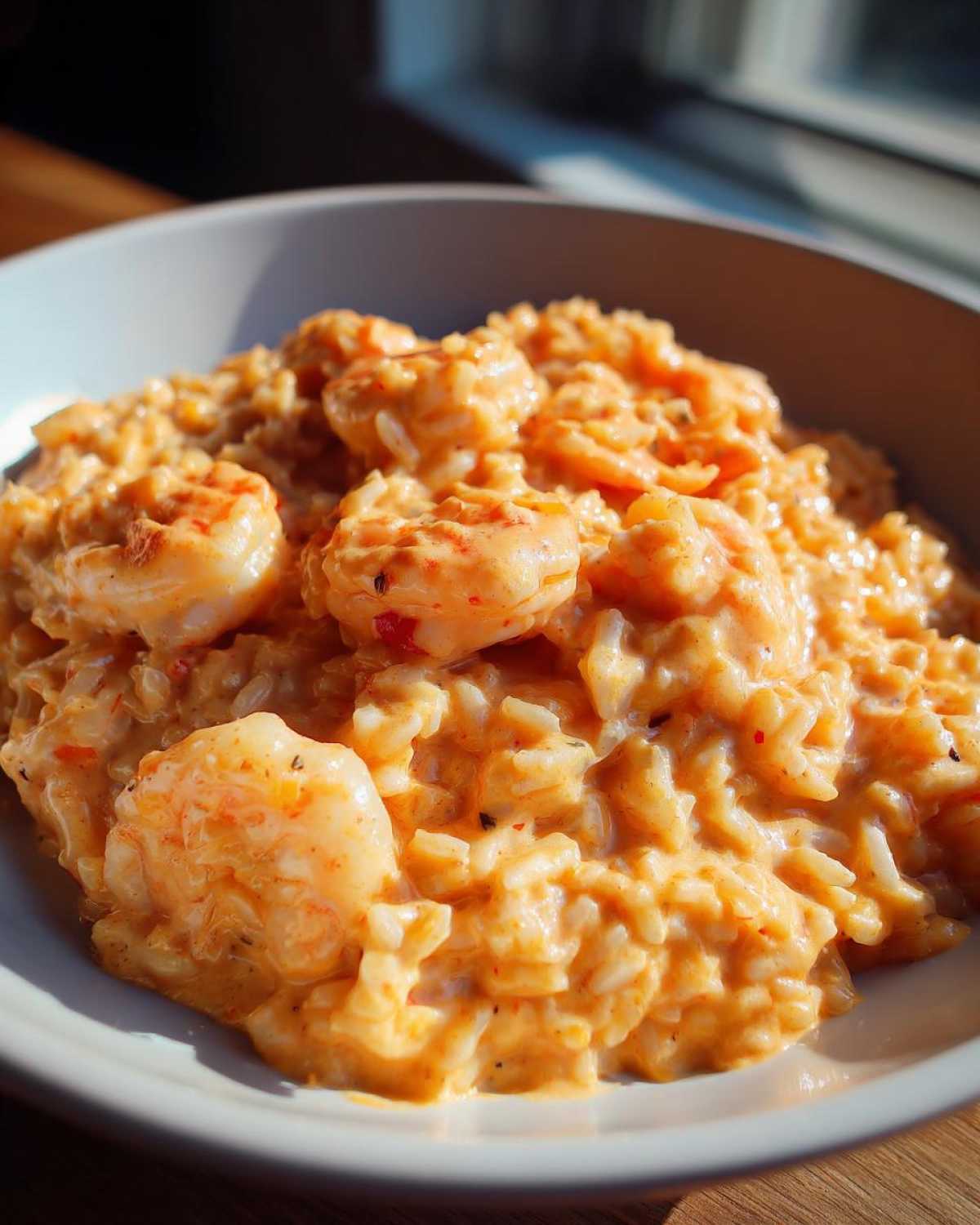 Close-up of a bowl filled with creamy Cajun shrimp and rice skillet, featuring plump shrimp in a rich orange sauce.