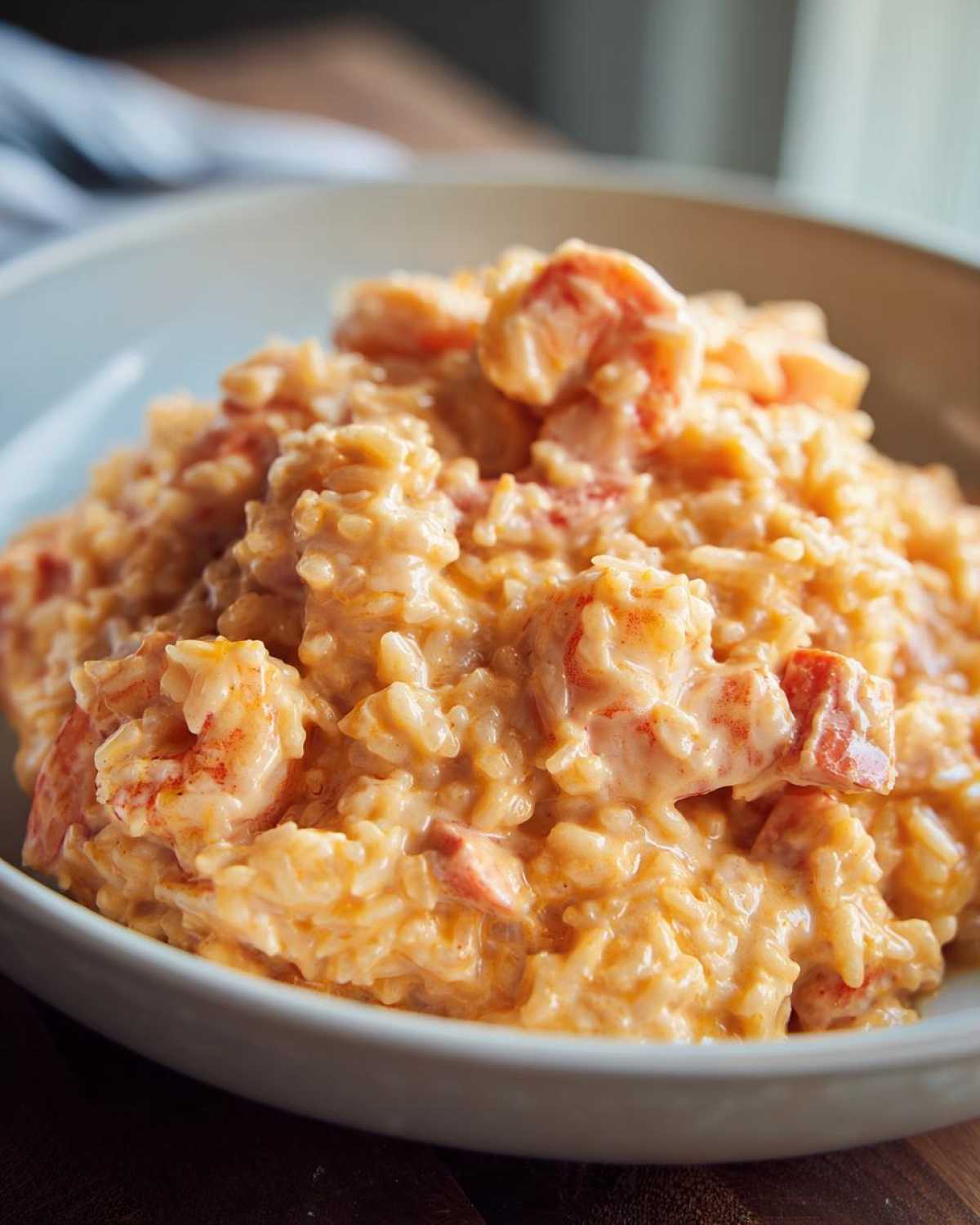 Close-up of a bowl filled with rich, creamy Cajun shrimp and rice skillet, featuring plump shrimp pieces.