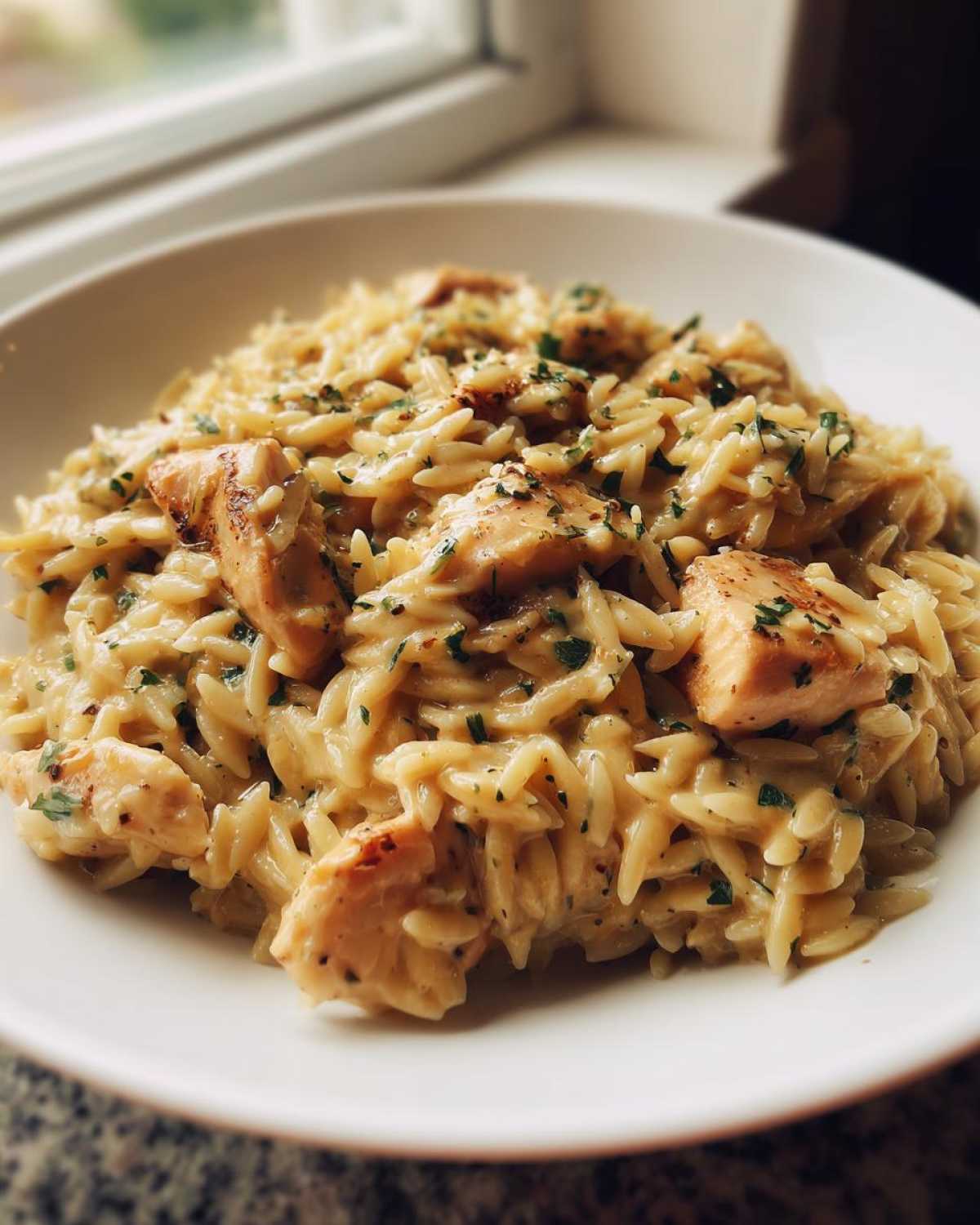 Close-up of a serving of Creamy Garlic Parmesan Orzo with Chicken, garnished with parsley, in a white bowl.