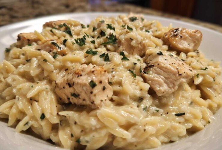 Close-up of a serving of Creamy Garlic Parmesan Orzo with Chicken topped with fresh parsley.