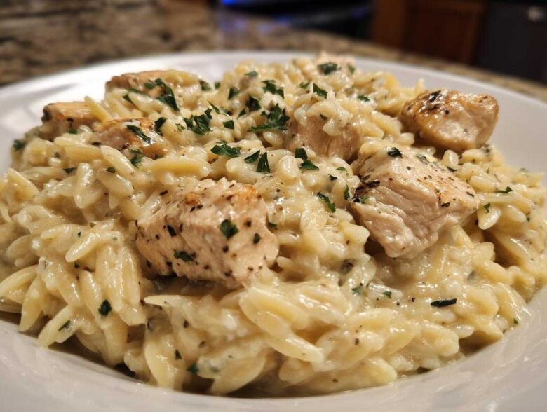 Close-up of a serving of Creamy Garlic Parmesan Orzo with Chicken topped with fresh parsley.