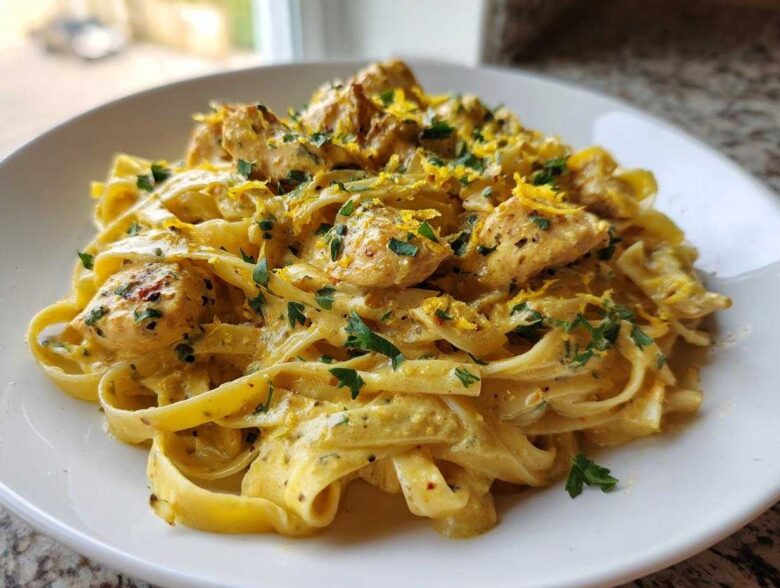 A close-up of Creamy Lemon Garlic Pasta with Chicken tossed in a rich sauce and topped with lemon zest and parsley.
