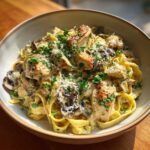 Close-up of a bowl filled with Creamy Mushroom Chicken Pasta with Parmesan, topped with fresh parsley.
