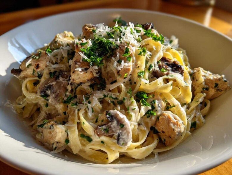 A close-up of a bowl of Creamy Mushroom Chicken Pasta with Parmesan, topped with fresh parsley.
