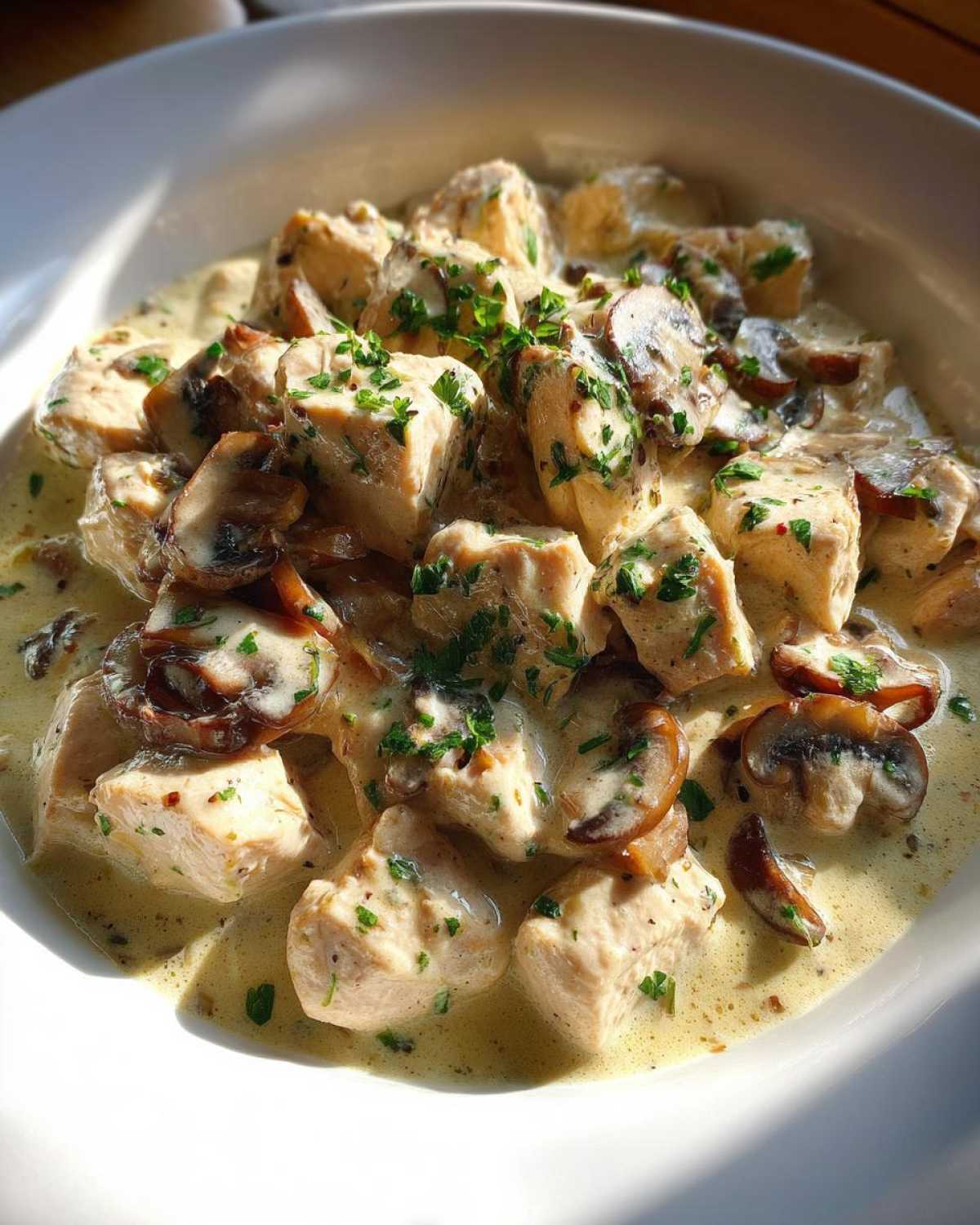 Close-up of bite-sized chicken pieces and sliced mushrooms coated in a rich, creamy sauce, garnished with parsley, part of the Creamy Mushroom Chicken Skillet.