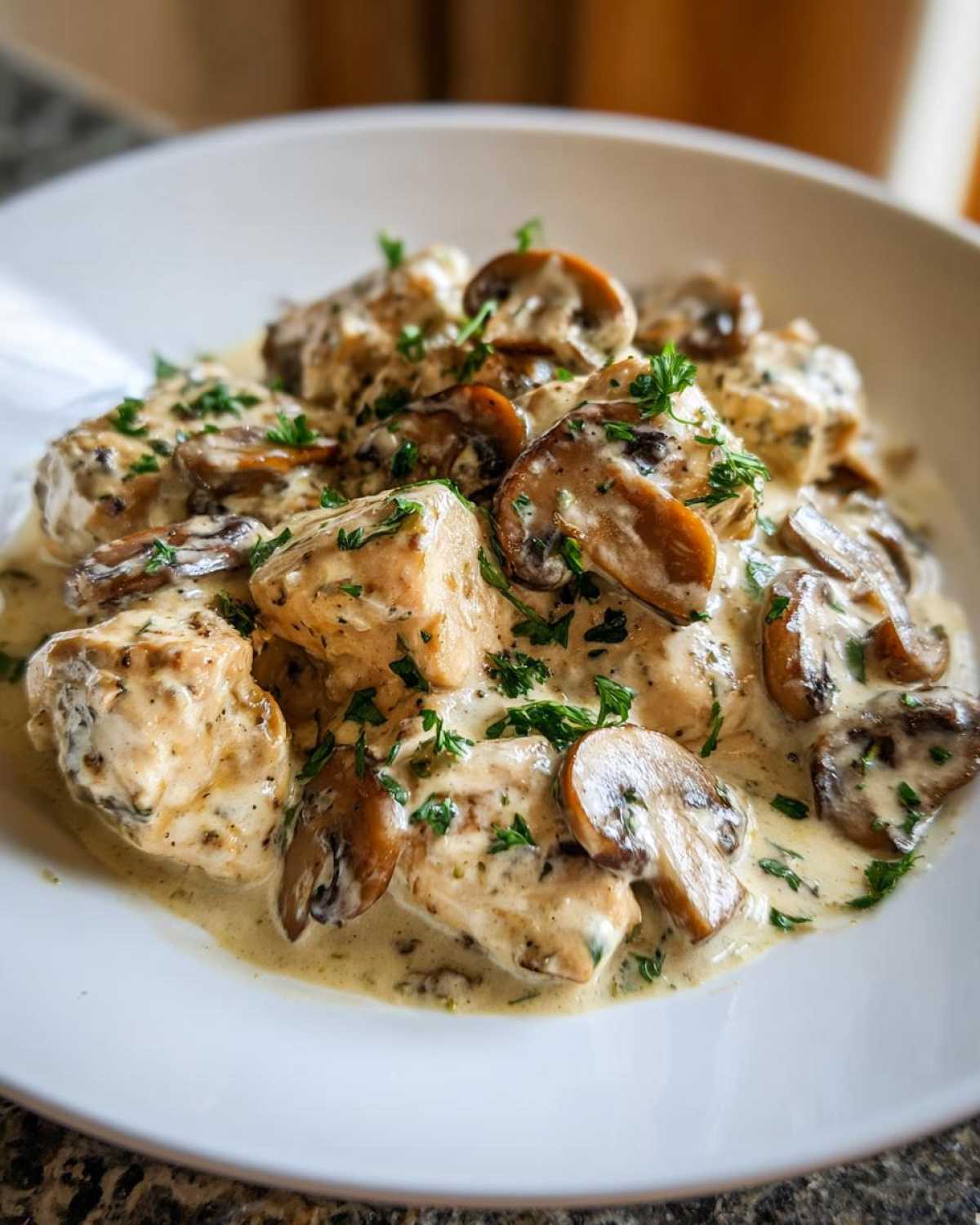 A close-up of tender chicken pieces smothered in a rich, creamy mushroom sauce, garnished with fresh parsley, perfect for a Creamy Mushroom Chicken Skillet Easy Dinner.