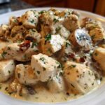 Close-up of cubed chicken pieces smothered in a rich, creamy mushroom sauce, garnished with parsley.