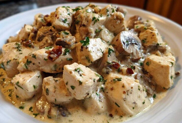 Close-up of cubed chicken pieces smothered in a rich, creamy mushroom sauce, garnished with parsley.