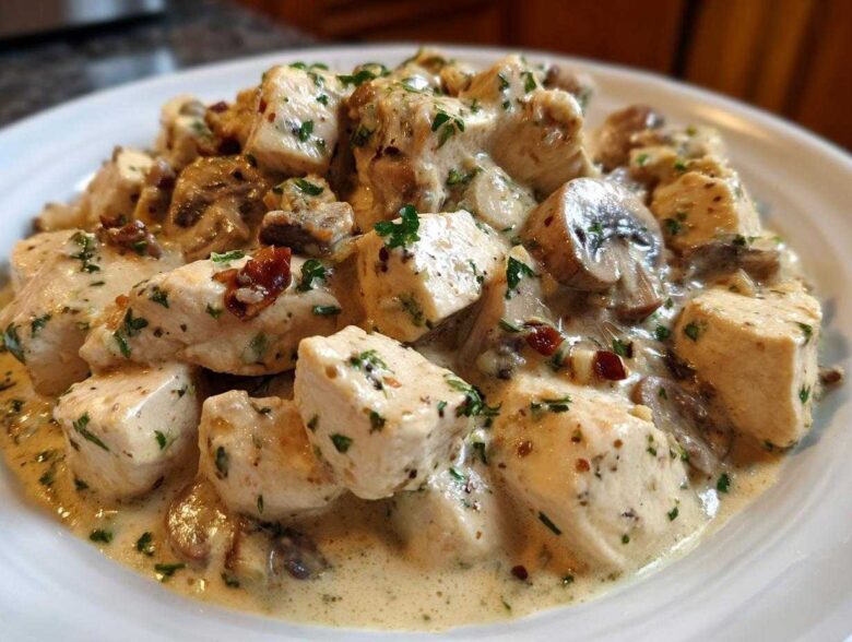 Close-up of cubed chicken pieces smothered in a rich, creamy mushroom sauce, garnished with parsley.