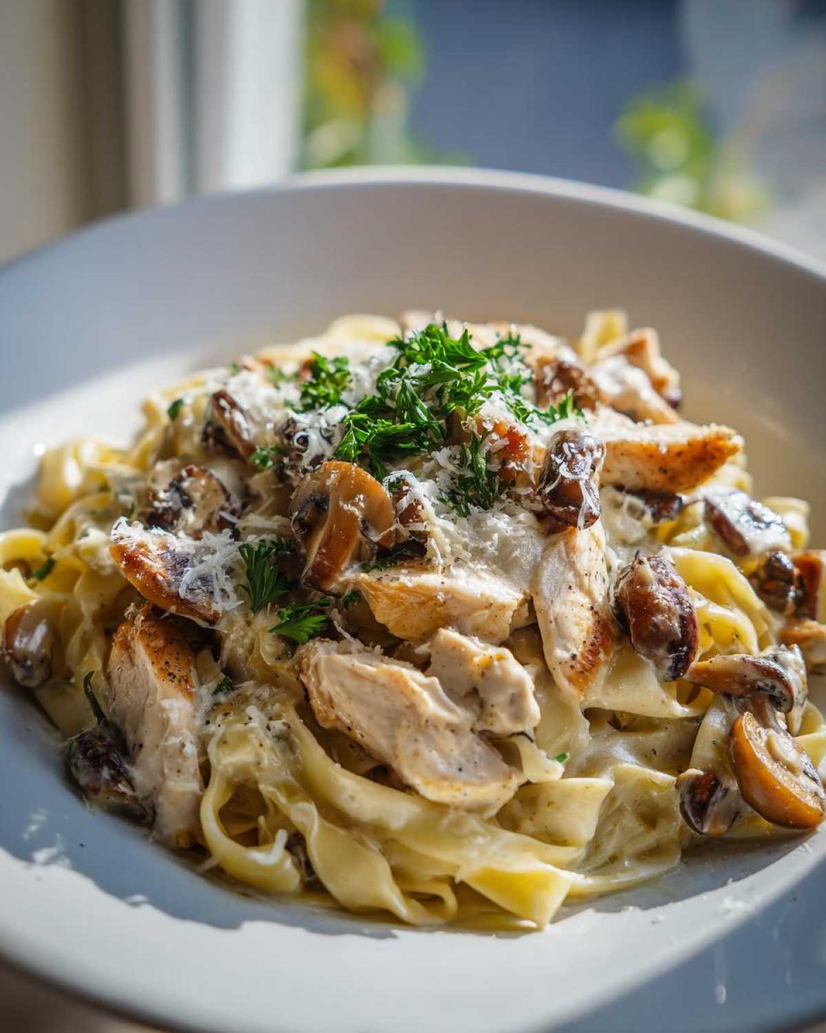 Close-up of rich Creamy Mushroom Garlic Pasta with Chicken, topped with Parmesan and parsley.