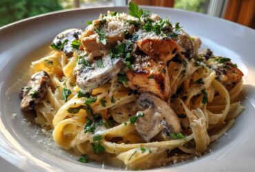 A close-up of Creamy Mushroom Garlic Pasta with Chicken, topped with parsley and Parmesan.