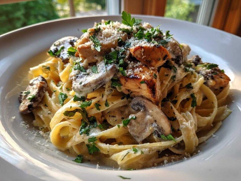 A close-up of Creamy Mushroom Garlic Pasta with Chicken, topped with parsley and Parmesan.