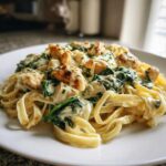 Close-up of Creamy Spinach Alfredo Pasta with Chicken served on a white plate, featuring fettuccine noodles and rich sauce.