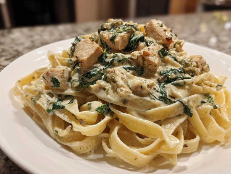 A close-up of rich Creamy Spinach Alfredo Pasta with Chicken served over fettuccine noodles on a white plate.