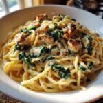A close-up of a bowl of Creamy Spinach Chicken Pasta with Garlic, featuring spaghetti coated in a rich sauce with spinach and diced chicken.