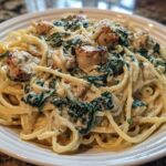 A close-up of a white plate filled with Creamy Spinach Chicken Pasta with Garlic, featuring linguine, chicken pieces, and wilted spinach in a rich sauce.