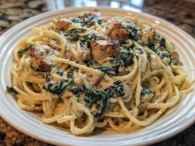 A close-up of a white plate filled with Creamy Spinach Chicken Pasta with Garlic, featuring linguine, chicken pieces, and wilted spinach in a rich sauce.