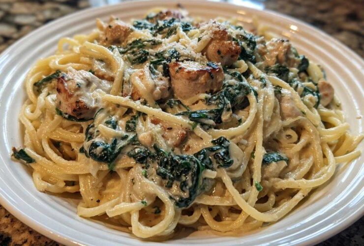 A close-up of a white plate filled with Creamy Spinach Chicken Pasta with Garlic, featuring linguine, chicken pieces, and wilted spinach in a rich sauce.