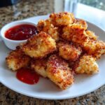 A pile of golden brown Crispy Chicken Bites served on a white plate next to a small bowl of sweet chili sauce.